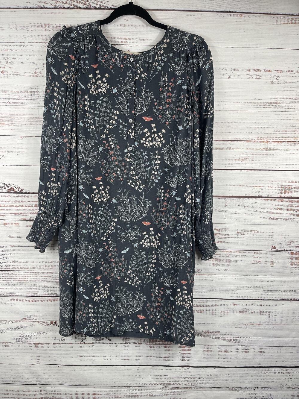 LOFT Dress Women's Size Medium Gray Floral Puff Sleeve Shift Pockets Lined Short